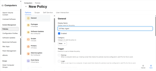 Jamf Pro New Policy screen showing the Options tab with general settings and trigger options.